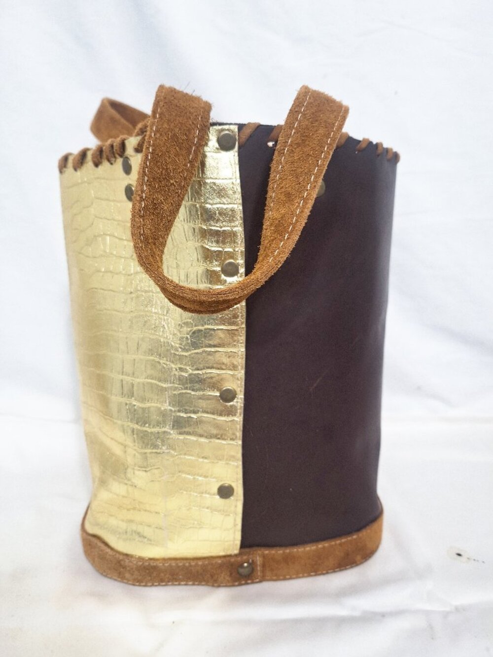 Vintage Leather Bucket Bag Tote Brown & Gold Wood Bottom 11”